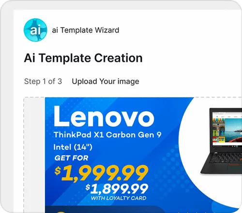 Screenshot of AI Template Wizard interface showing step 1 of 3 to upload an image, featuring a Lenovo ThinkPad X1 Carbon Gen 9 laptop with pricing details.