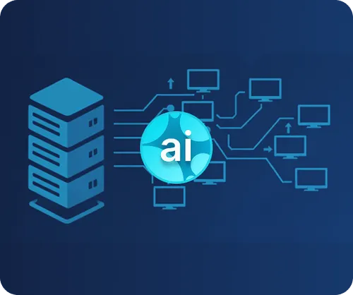 Graphic showing a server connected to multiple computer monitors with an AI symbol in the center, representing AI-powered real-time data synchronization.