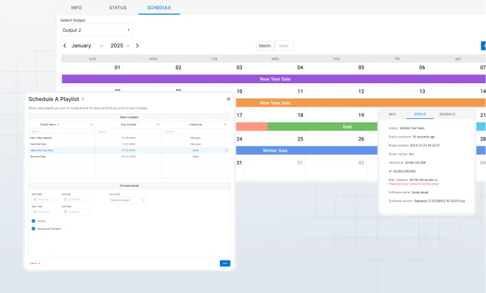 Software interface showing a January 2025 calendar view with scheduled sales events and an open dialog box titled 'Schedule A Playlist' for managing playlist schedules.