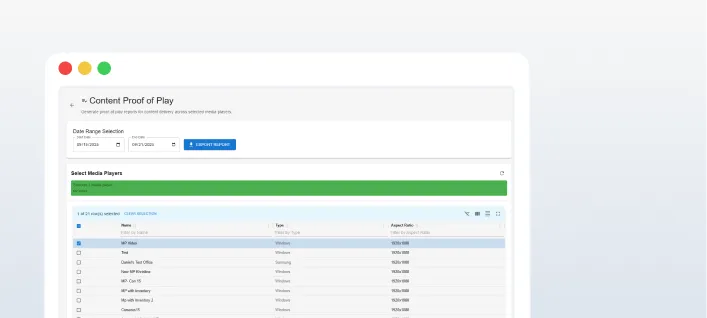 Screenshot of a 'Content Proof of Play' web interface showing date range selection, export report button, and a list of media players with columns for name, type, and project profile.