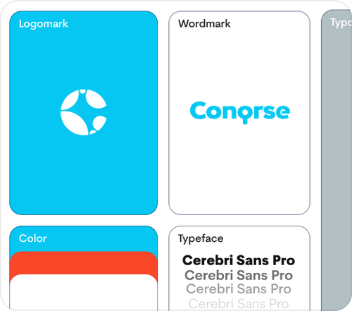 Four-panel brand control visual showing a white abstract circular logomark on blue background, blue text reading 'Congress', and color blocks with red and white.