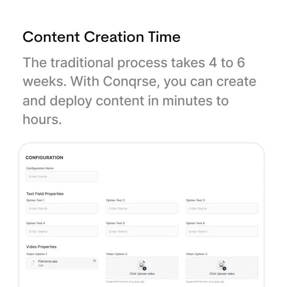 Comparison showing traditional content creation takes 4-6 weeks while Conqrse takes minutes to hours