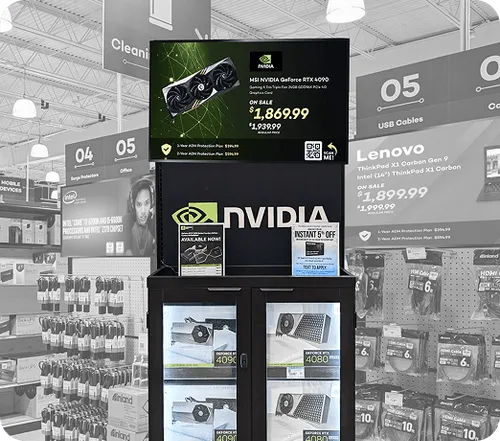Store display showcasing NVIDIA graphics cards with prices, including MSI NVIDIA GeForce RTX 4090 on sale for $1,869.99.