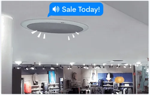Ceiling speaker in a retail store emitting an audio message saying 'Sale Today!'