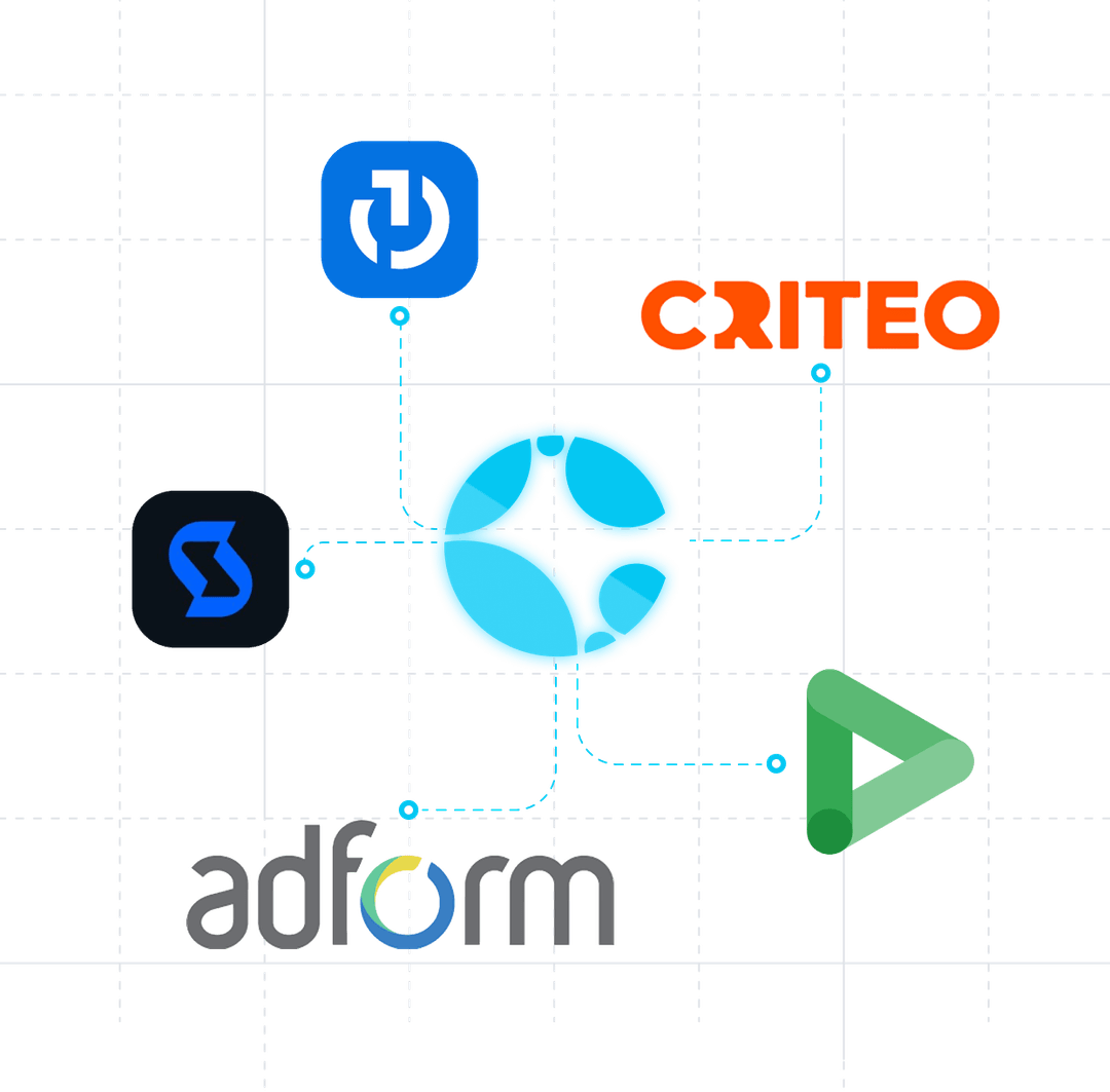 Central blue circular logo connected by dotted lines to five logos: blue Digiday icon, orange CRITEO text, green triangular Play icon, gray Adform text, and blue Simpli.fi icon on a grid background.