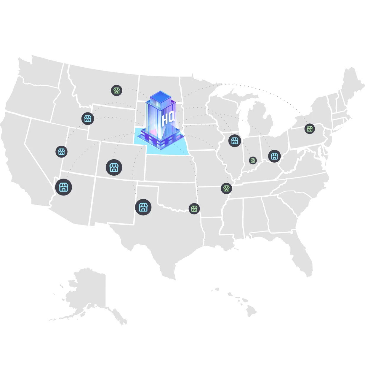 A map of the united states with icons