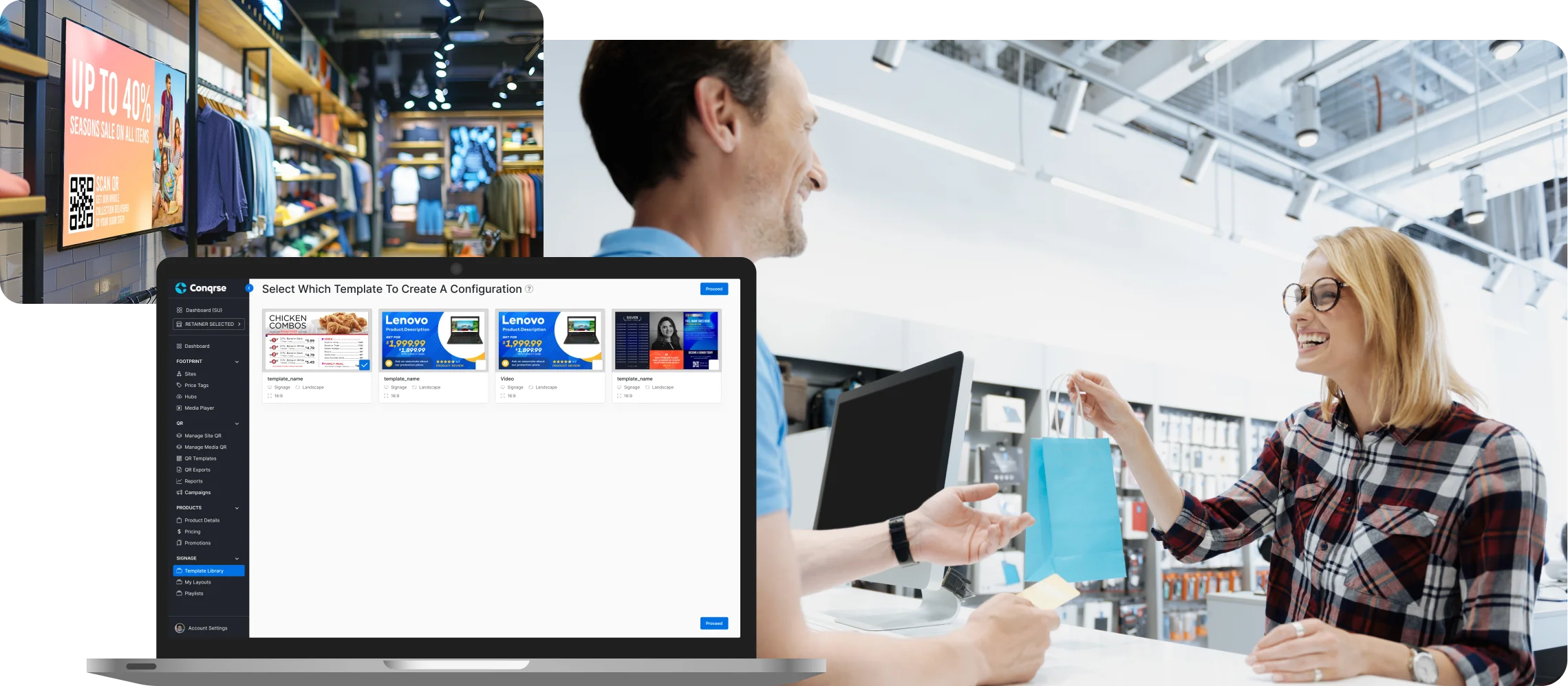 Smiling woman receives a blue shopping bag from a male store employee at a counter in a modern retail store with a laptop screen displaying digital signage templates