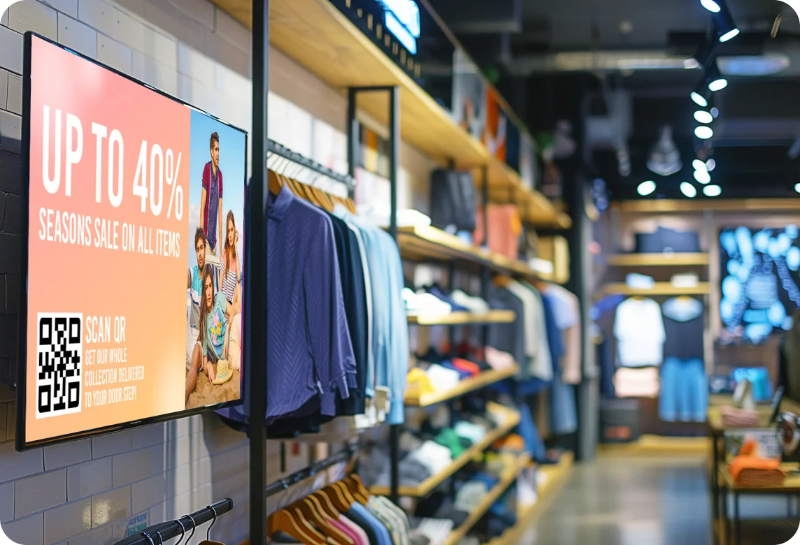 Clothing store interior with shelves and racks filled with folded and hanging clothes, and a digital screen advertising up to 40% seasonal sale with a QR code.