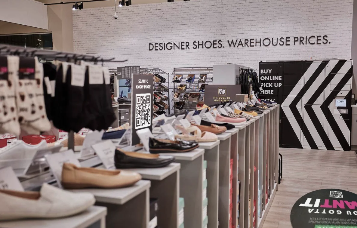 A row of shoes on display in a store.