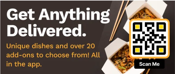 QR code food delivery ad with chopsticks and takeaway boxes