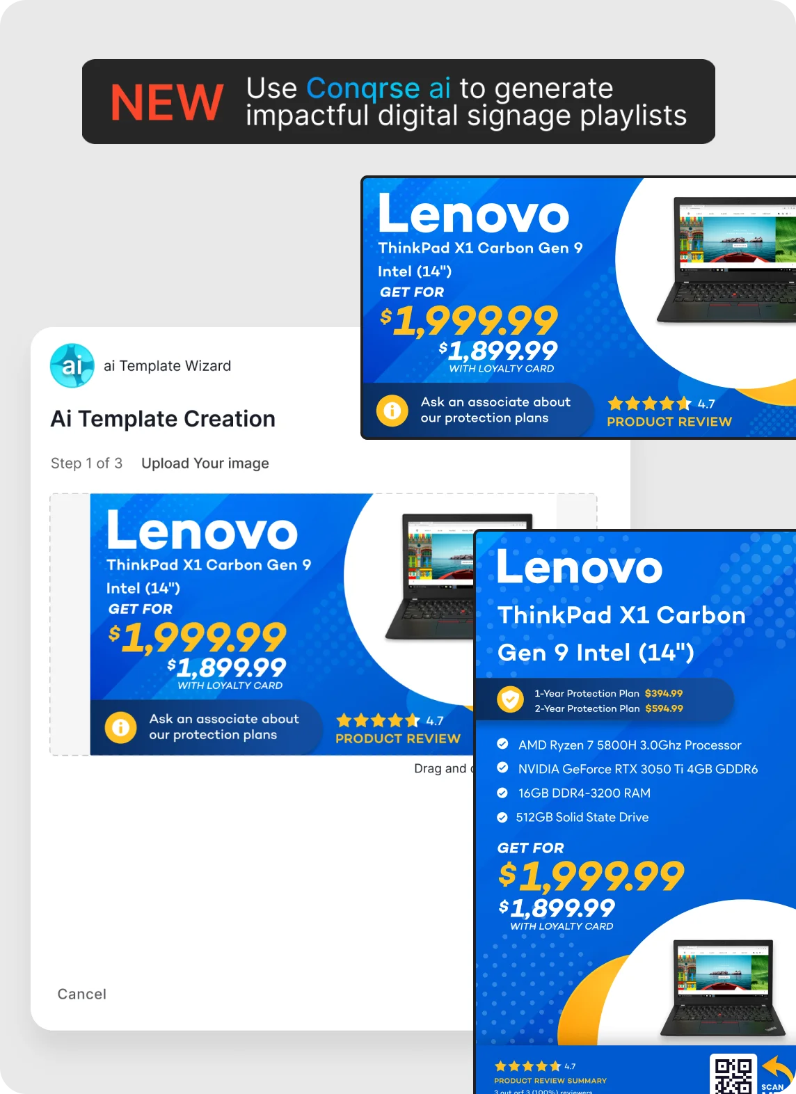 Digital signage template creation interface showing Lenovo ThinkPad X1 Carbon Gen 9 Intel 14-inch laptop with pricing $1,999.99 or $1,899.99 with loyalty card, product review rating 4.7 stars, and protection plan info