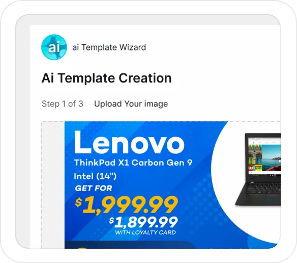 Screenshot of AI Template Wizard for AI Template Creation showing Lenovo ThinkPad X1 Carbon Gen 9 Intel 14-inch laptop priced at $1,999.99 or $1,899.99 with loyalty card