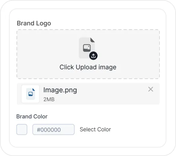 User interface section for uploading a brand logo image file and selecting a brand color with a hex code input