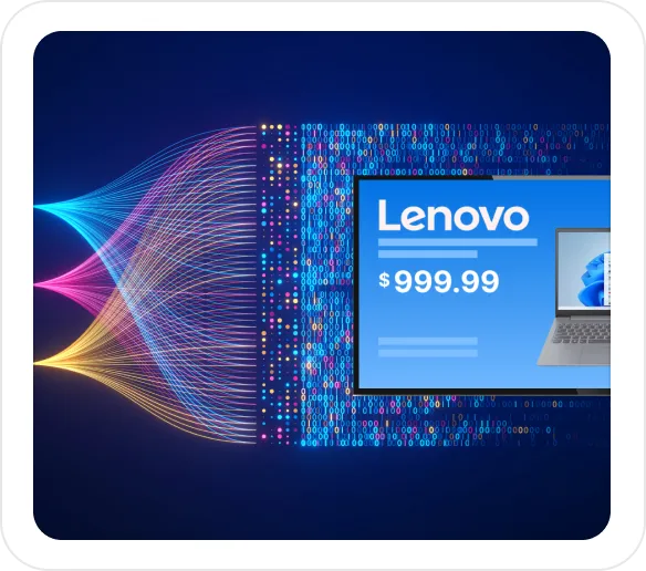 Abstract digital network flow moving into a digital screen displaying Lenovo laptop priced at $999.99