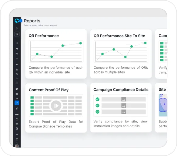 Dashboard screen displaying various reports including QR Performance, QR Performance Site To Site, Content Proof Of Play, and Campaign Compliance Details with graphs and data visualizations