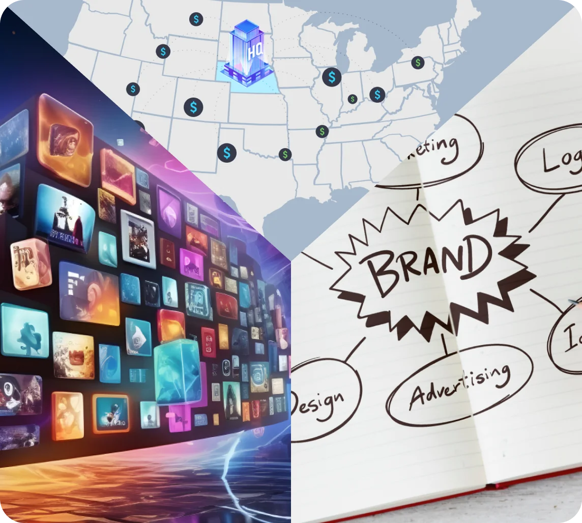 Collage of images including a US map with dollar sign markers and HQ building, a digital wall of colorful media icons, and a notebook page showing a brand strategy mind map