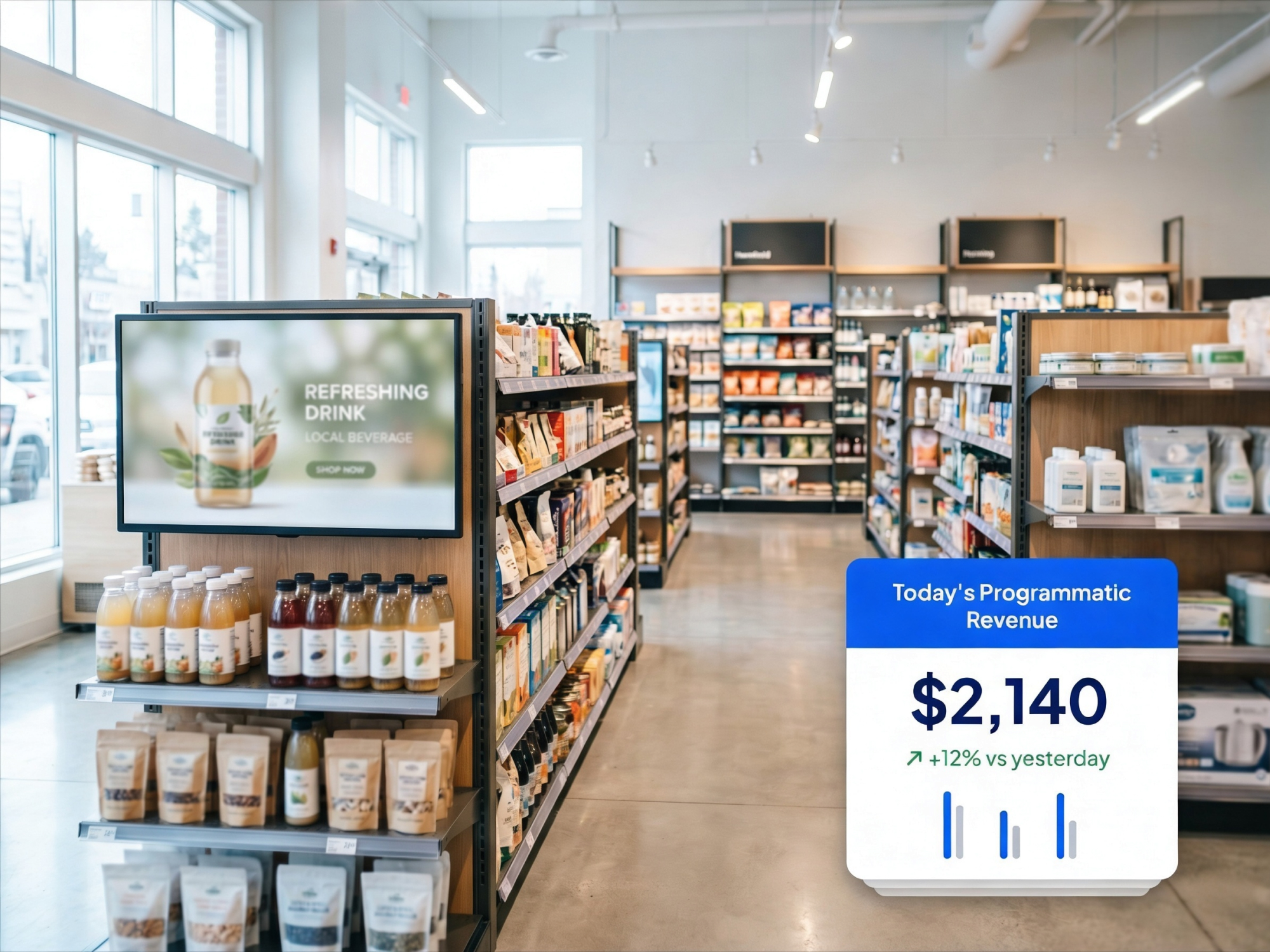 Retail store aisle with a digital shelf screen running a beverage ad, overlaid with a live programmatic revenue panel showing $2,140 today, up 12% versus yesterday